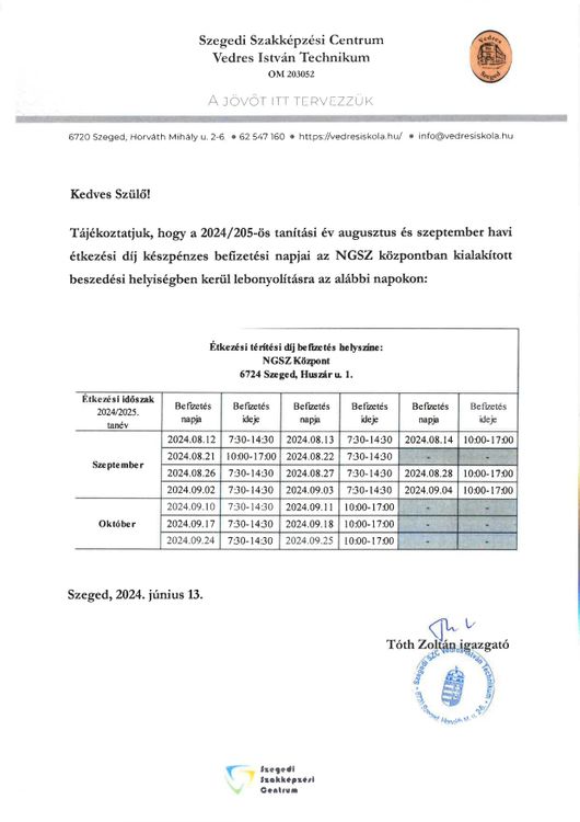 Étkezési díj befizetési lehetőségei